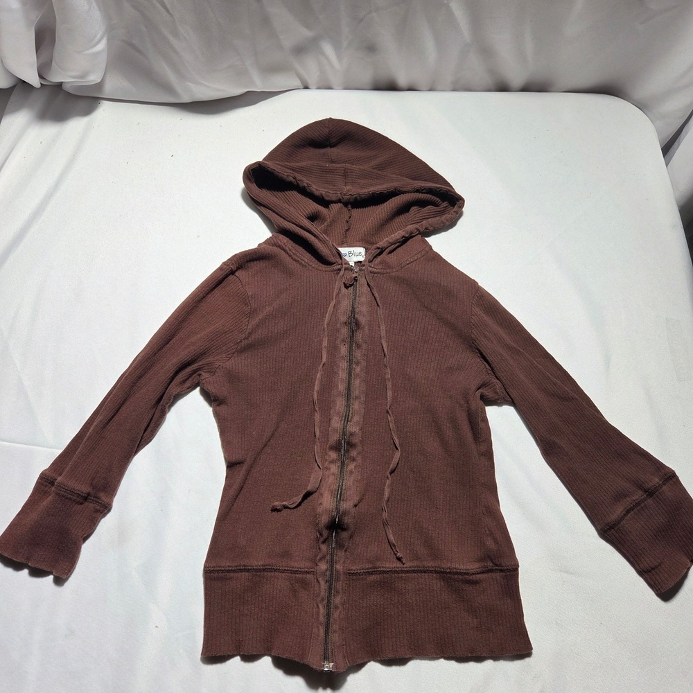 Betty Blue Brown Ribbed Zip Up Hoodie Cotton Y2K Lightweight Jacket Womens Med